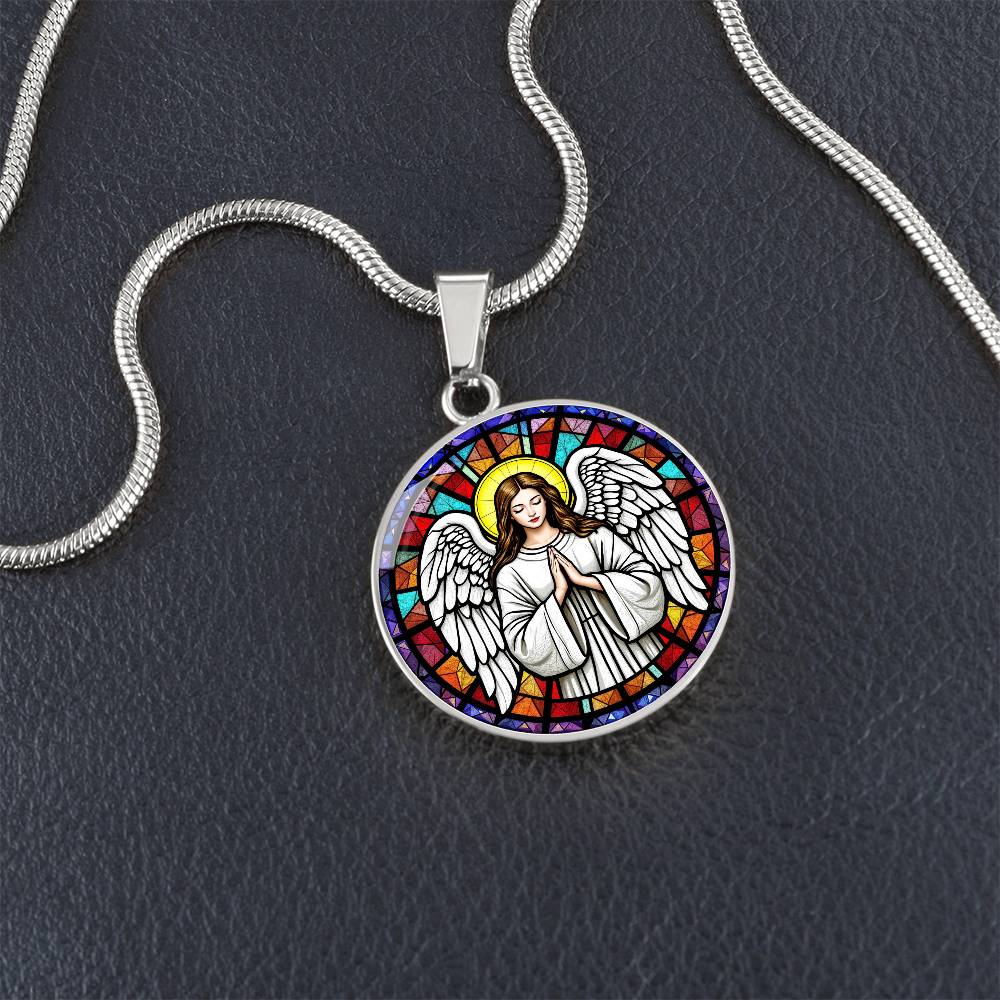 Guardian Angel Faux Stain Glass Pendant Necklace