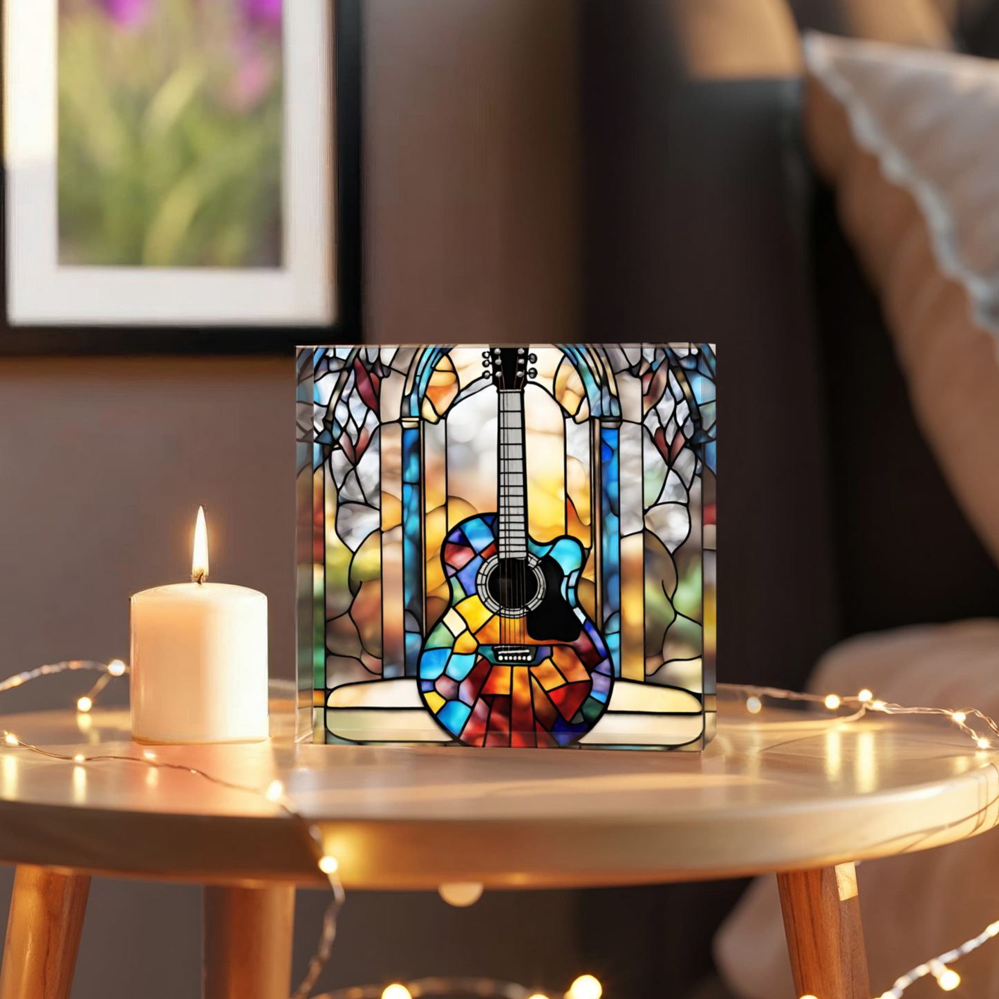 Stained Glass Style Guitar Printed Acrylic Block