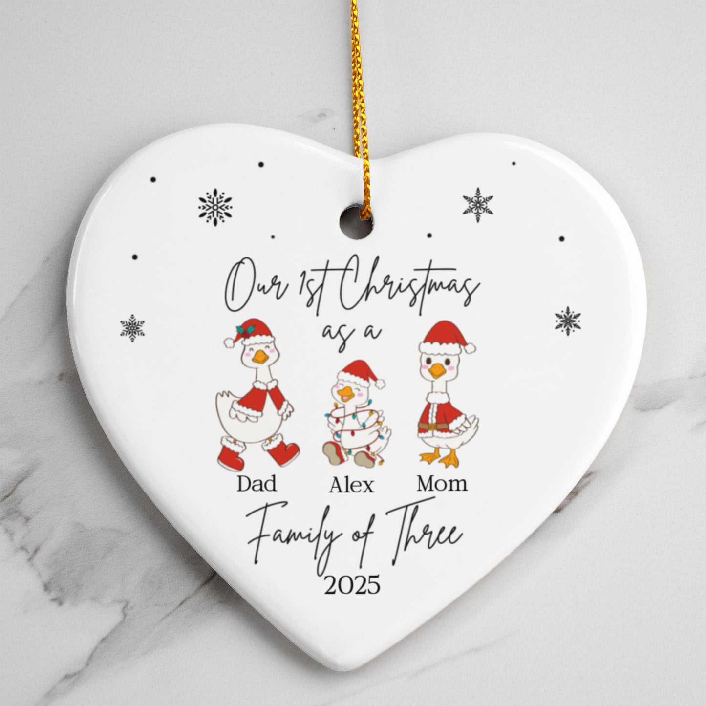 Family of Three Goose Ornament, Christmas Tree Decoration, Heart Ceramic Ornament, Personalized Family Keepsake, Holiday Home Decor