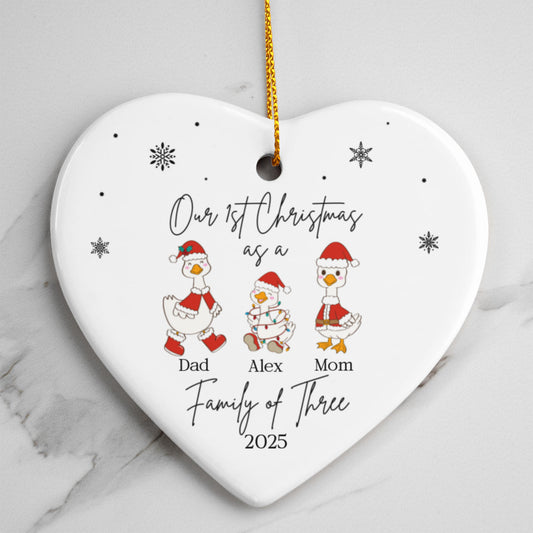 Family of Three Goose Ornament, Christmas Tree Decoration, Heart Ceramic Ornament, Personalized Family Keepsake, Holiday Home Decor