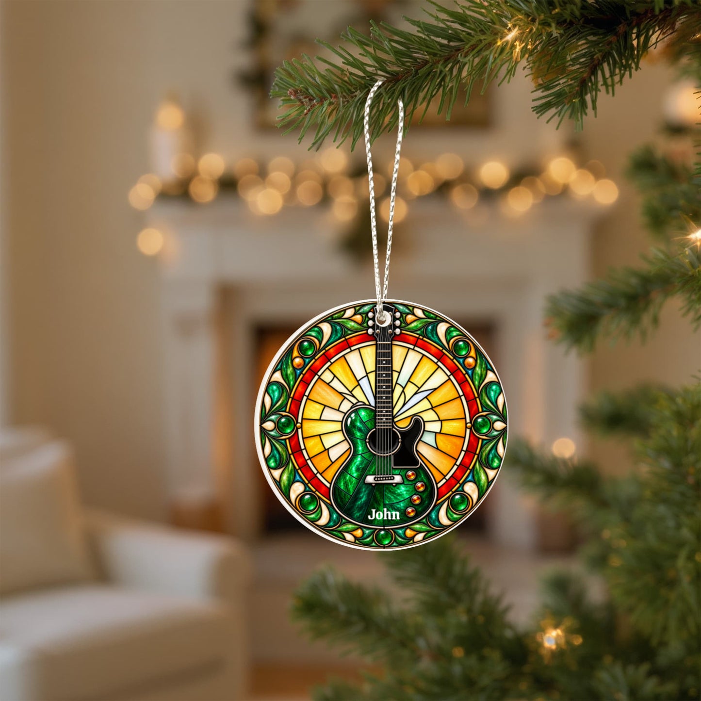 Electric Guitar Christmas Ornament, Music Lover Tree Decor, Stained Glass Style Acrylic Hanging Holiday Gift for Guitarists
