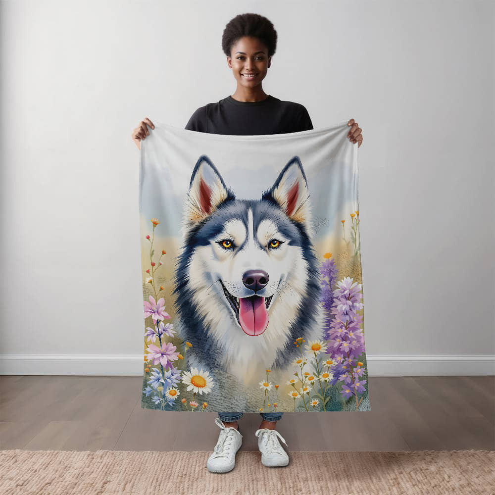 Husky Wildflower Floral Dog Blanket-[Heartfelt Family Gift]