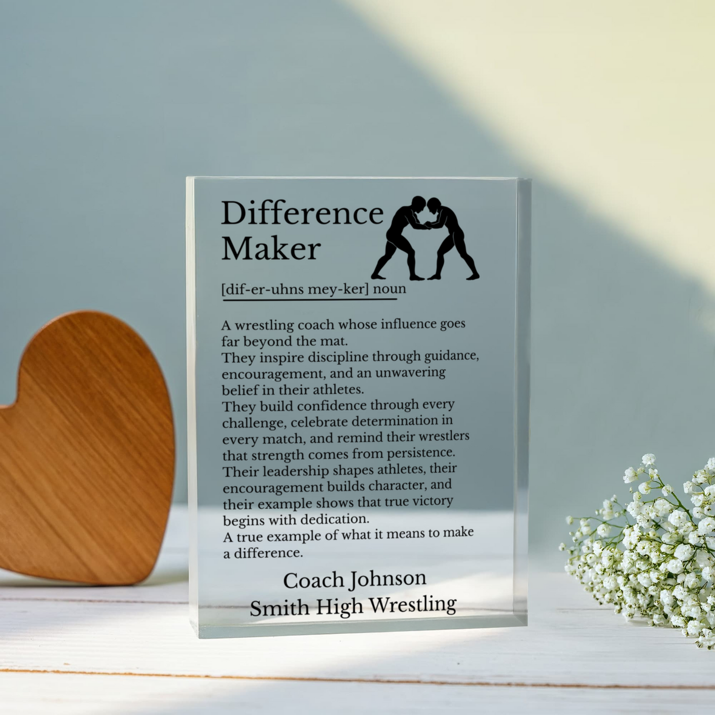 Wrestling Coach Plaque, Difference Maker Gift, Acrylic Block, Personalized Coach Gift, Sports Coach Appreciation, Wrestling Decor