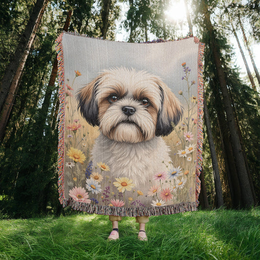 Shih Tzu Wildflower Woven Cotton Throw Blanket-[Heartfelt Family Gift]