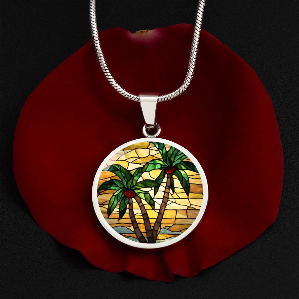 Palm Tree Stained Glass Style Pendant Necklace