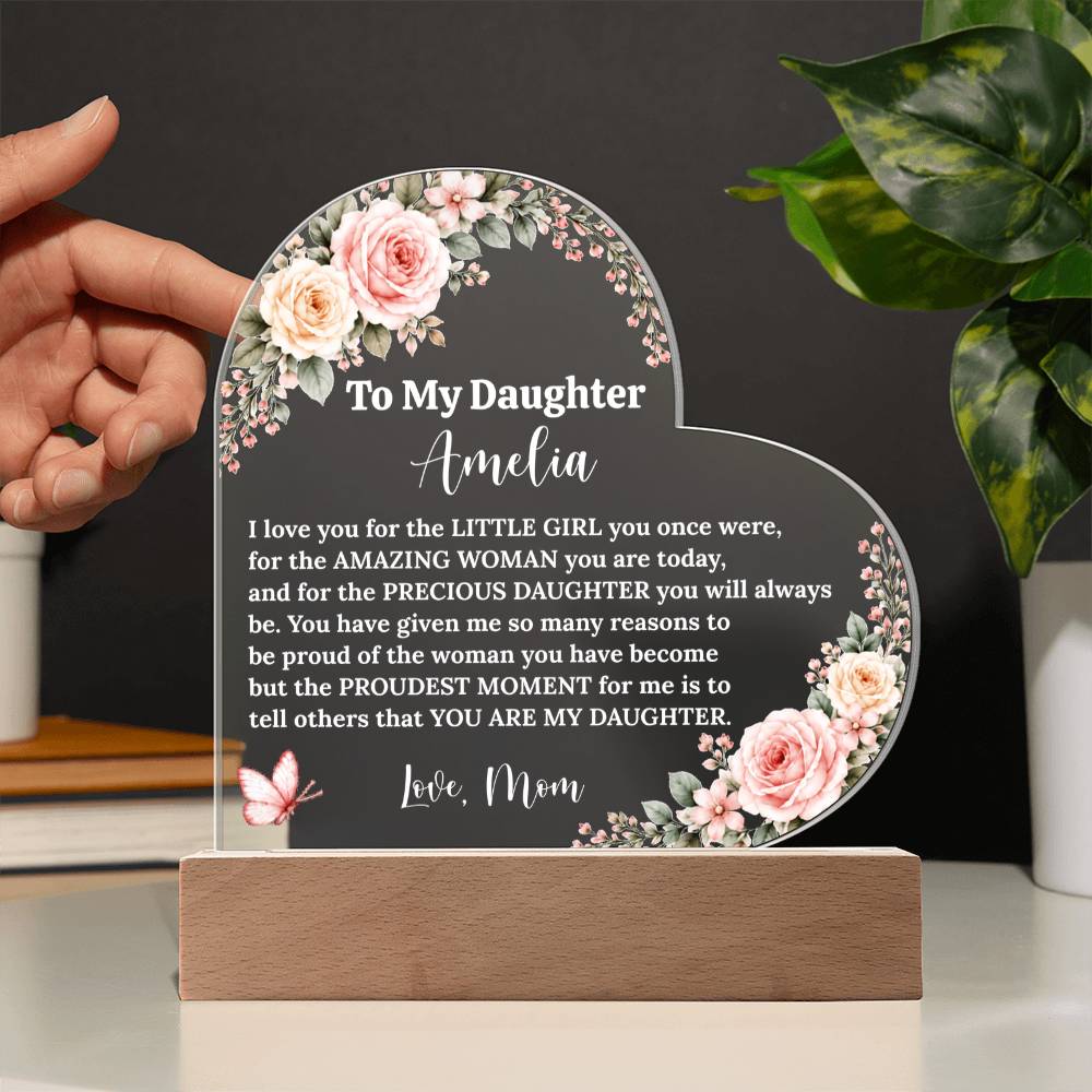 Daughter Lighted Heart Gift, Acrylic Plaque with LED Base, Color-Changing Heart for Birthday, Graduation Keepsake, Wedding Gift