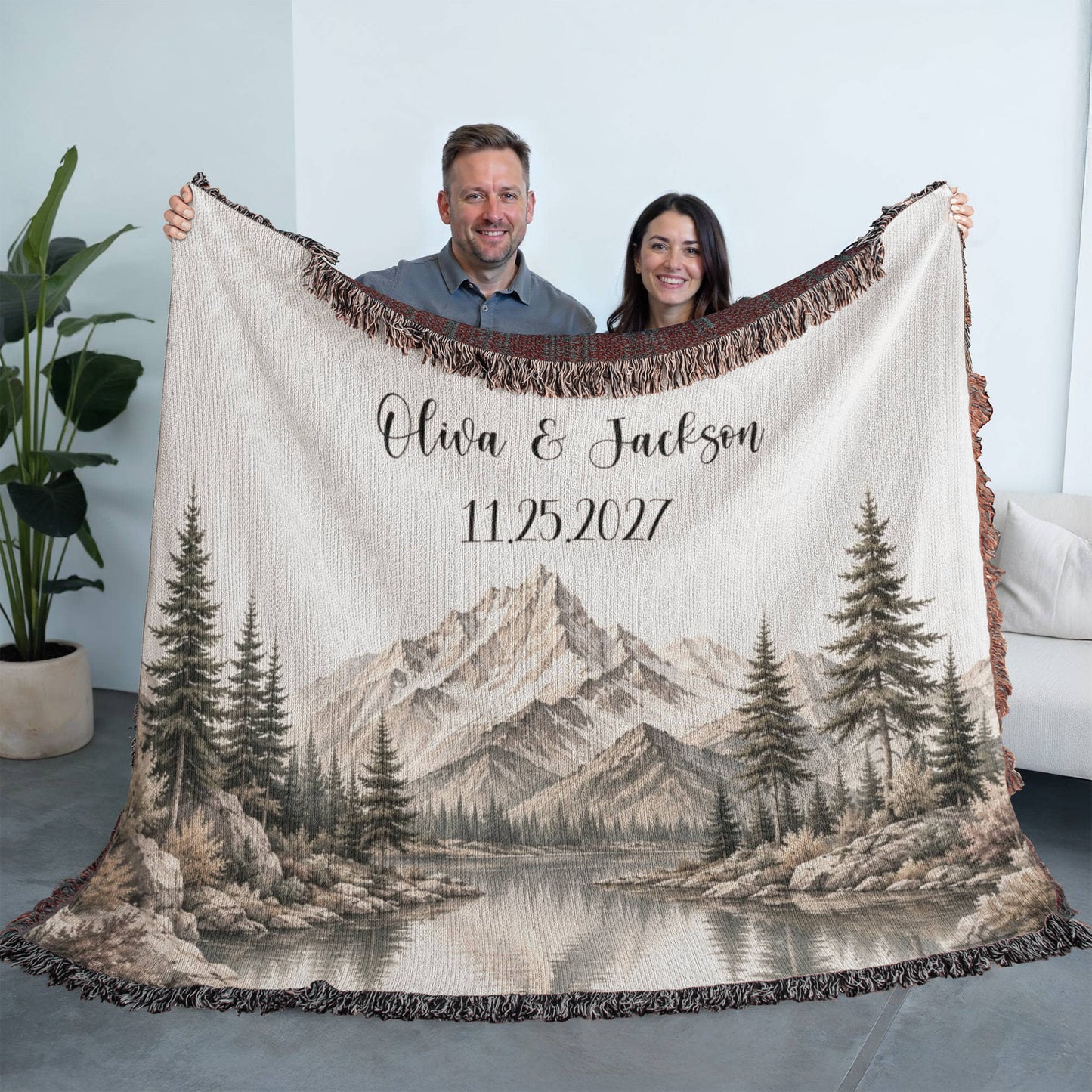 Custom Couples Woven Blanket, Personalized Wedding Gift with Names and Date, Mountain Forest Throw, Anniversary Gift 100% Cotton