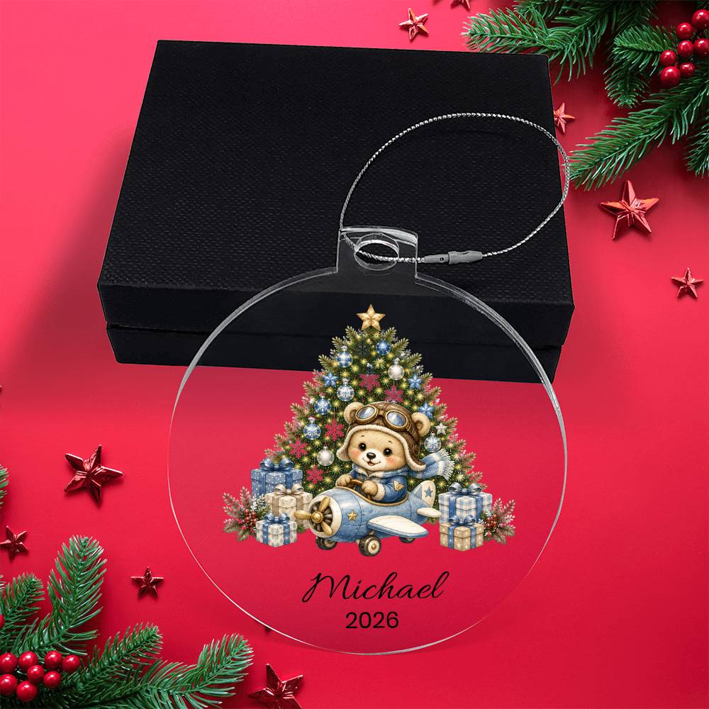 Personalized Teddy Bear Airplane Pilot Christmas Ornament