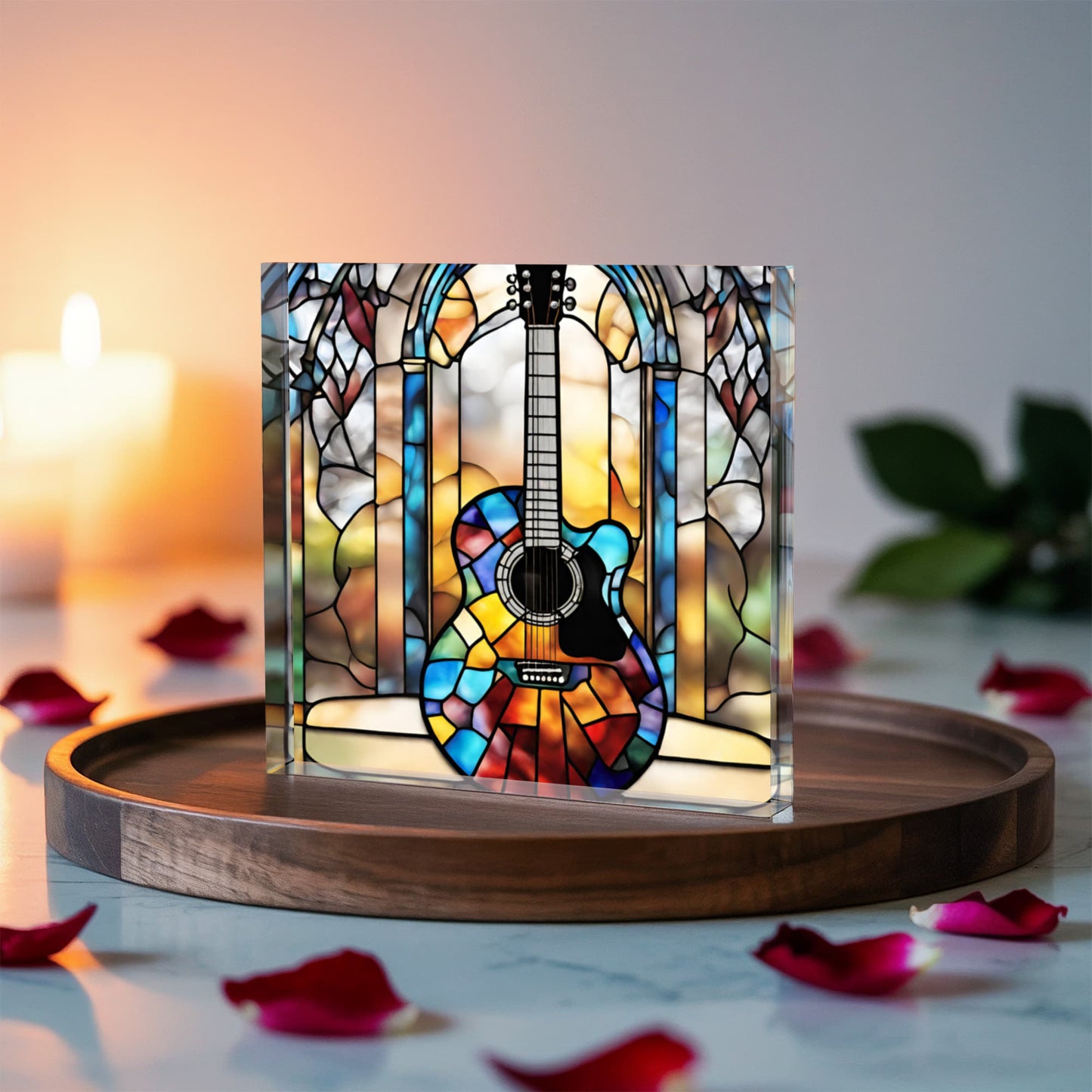 Stained Glass Style Guitar Printed Acrylic Block