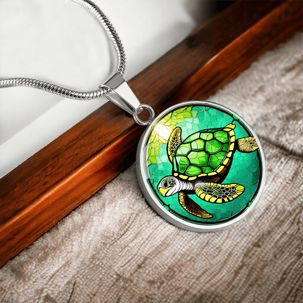 Sea Turtle Round Pendant Necklace in Gold or silver-[Heartfelt Family Gift]