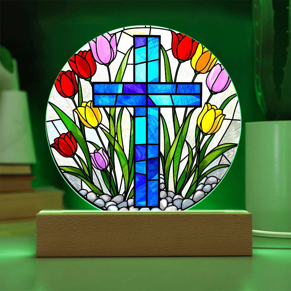 Cross and Tulips Circle Lamp-[Heartfelt Family Gift]