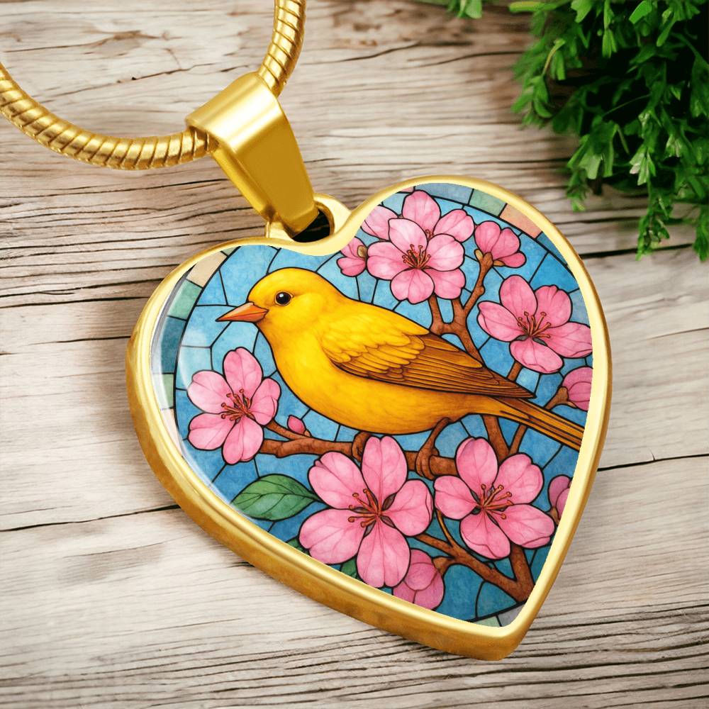 Goldfinch  Yellow Bird Floral Necklace with Engraving