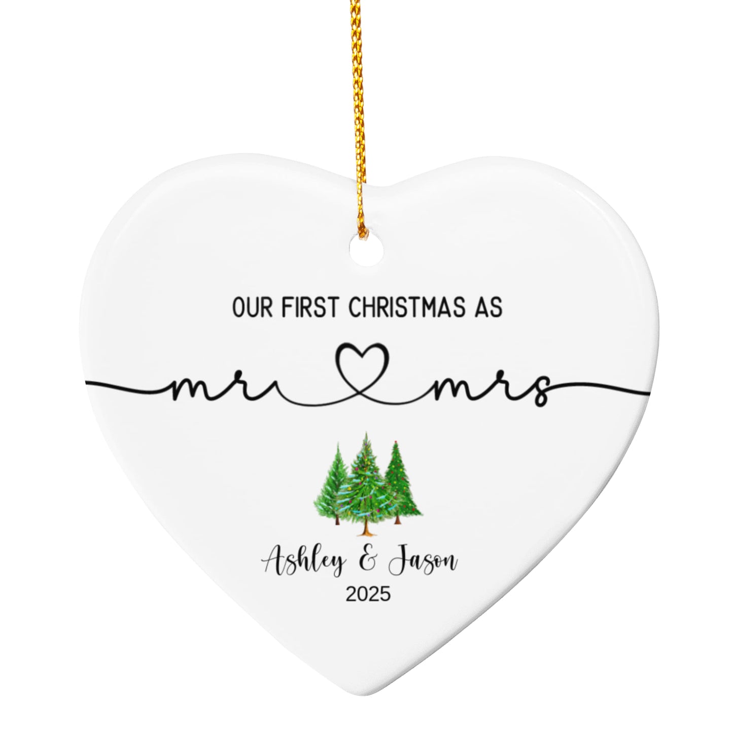 Ceramic Heart Ornament, First Christmas Ornament, Elegant Holiday Decor, Mr and Mrs Keepsake, Personalized Couple Ornament, New Year Gift