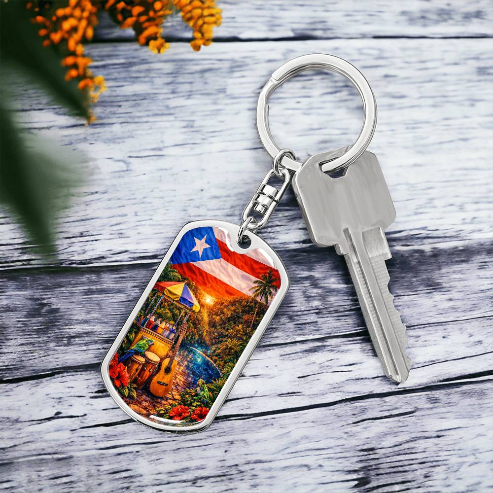 Engraved Puerto Rico Flag Latin American Culture Dog Tag Necklace or Keychain