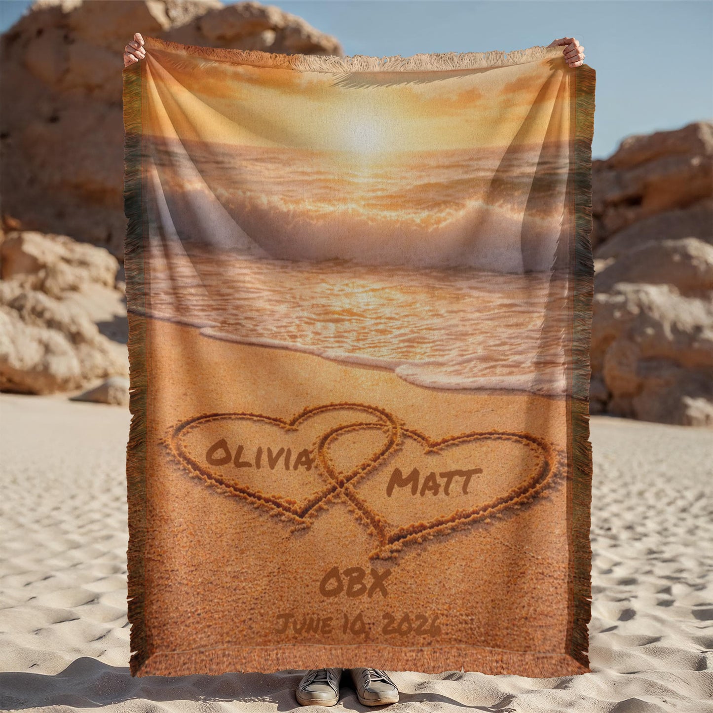 Personalized Names In The Sand Beach Blanket Gift for Couple