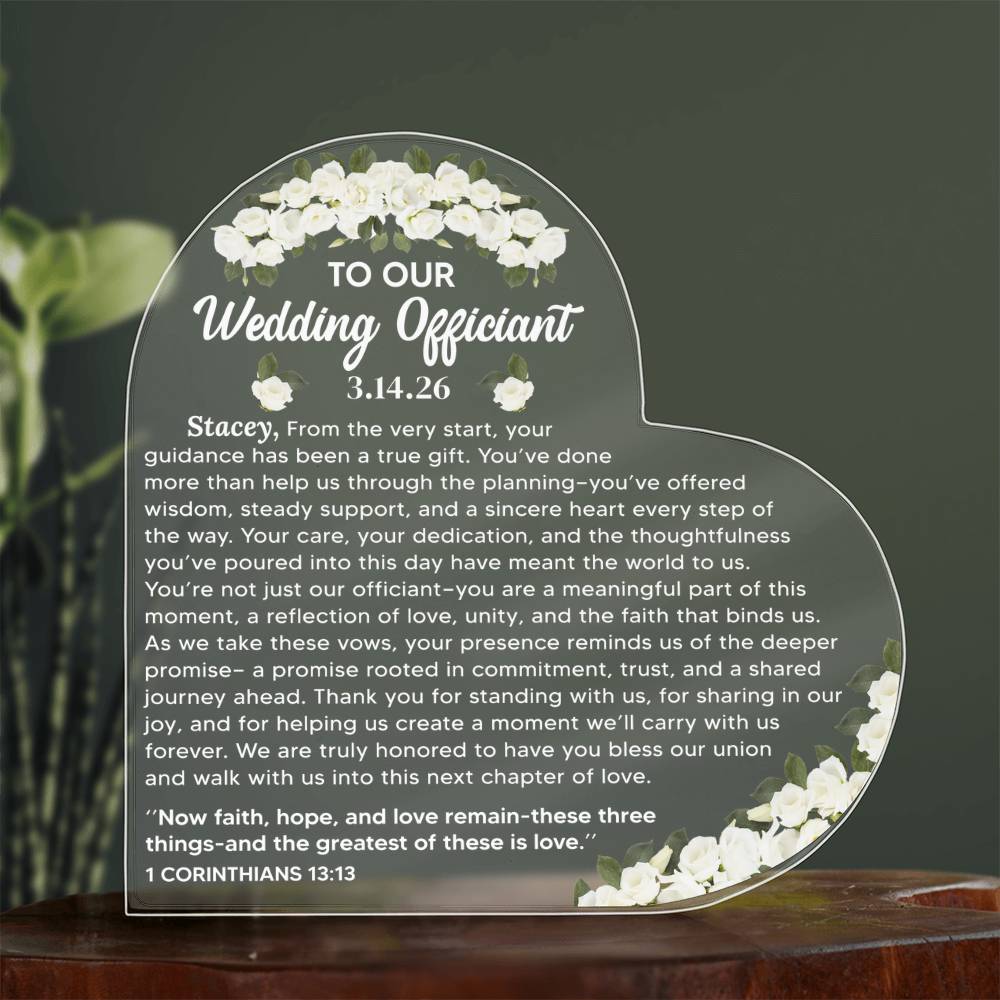 To Our Wedding Officiant Acrylic Heart Plaque