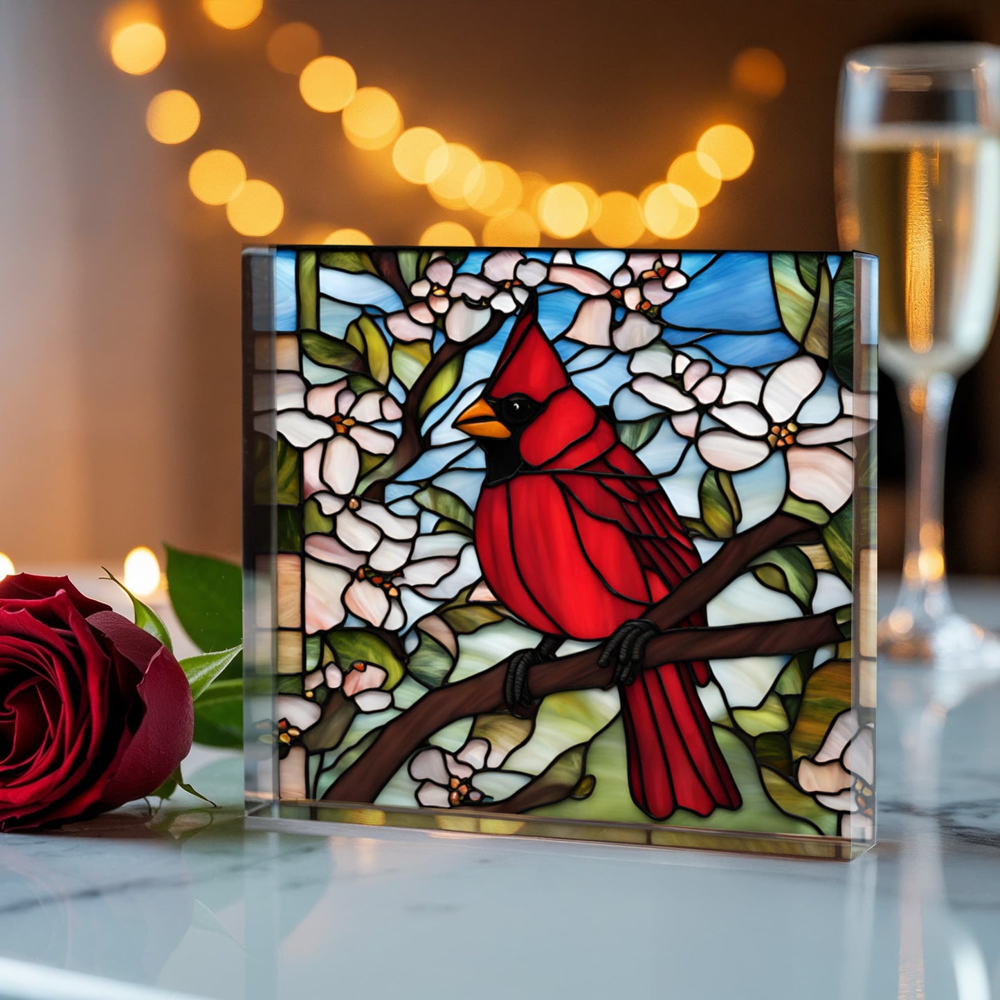 Cardinal Bird Decor, Nature Inspired Plaque, Acrylic Art Panel, Floral Stained Glass Style, Home Office Gift, Decorative Nature Art