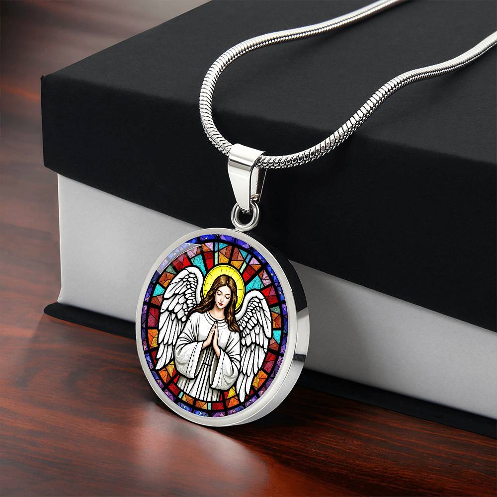 Guardian Angel Faux Stain Glass Pendant Necklace