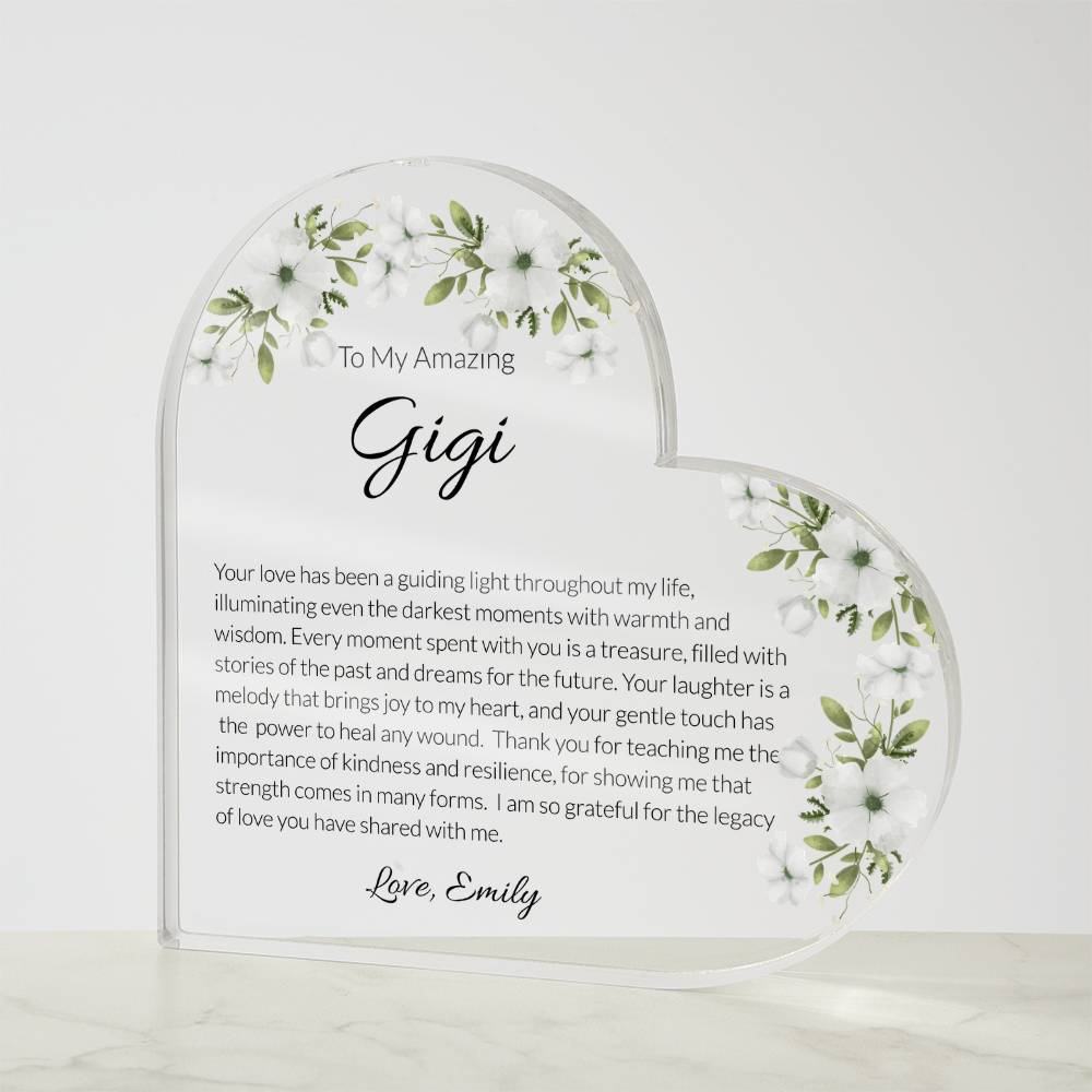 Gigi Acrylic Heart Plaque, Heart Plaque for Grandma, Personalized Grandma Gift, Sentimental Keepsake, Floral Acrylic Decor, Mother's Day Gift