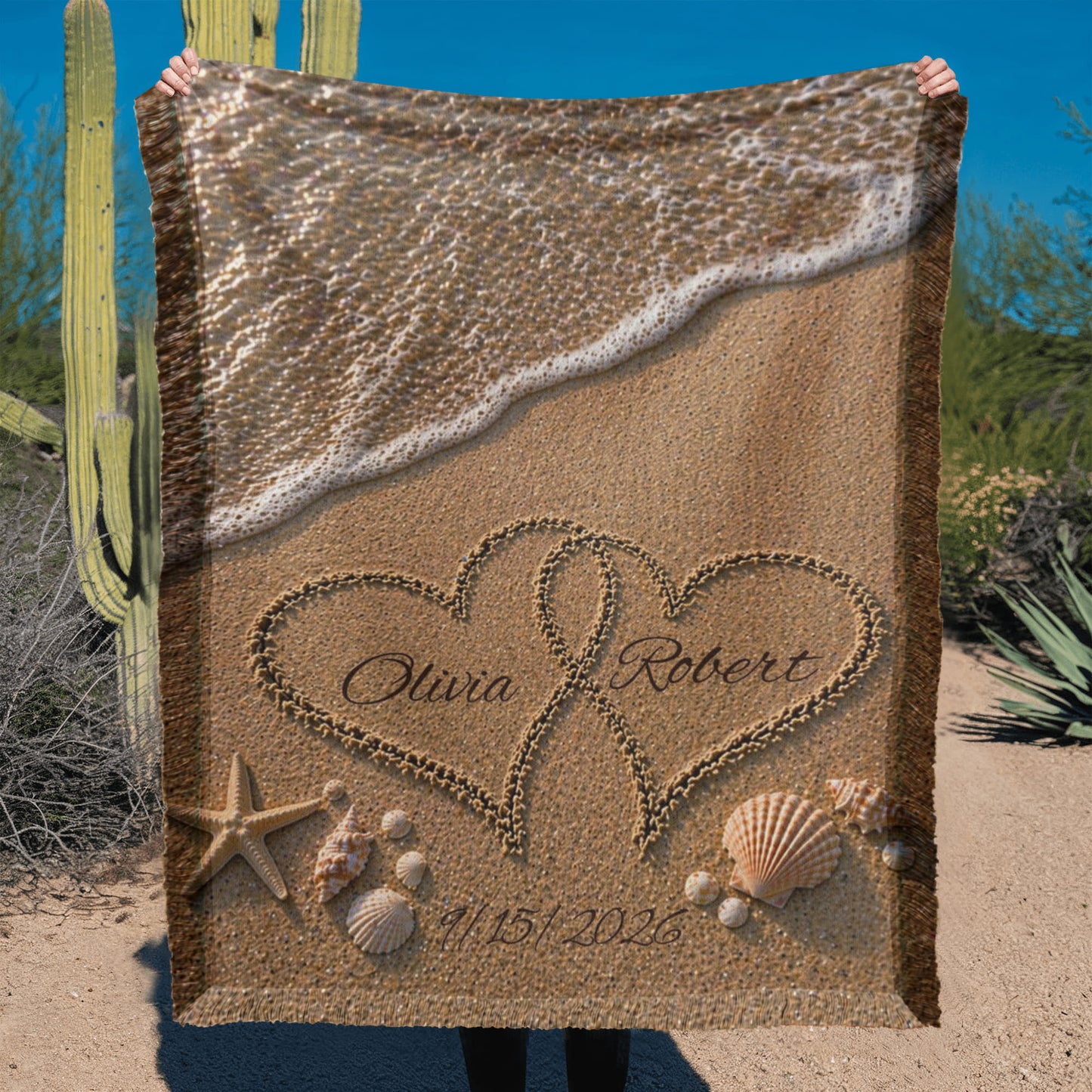 Personalized Names In The Sand Woven Cotton Blanket