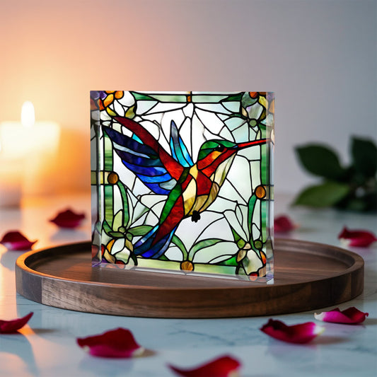 Colorful Hummingbird Acrylic Plaque, Stained Glass Decor, Nature Lover Gift, Home Decoration, Vibrant Art Block, Bird Decor