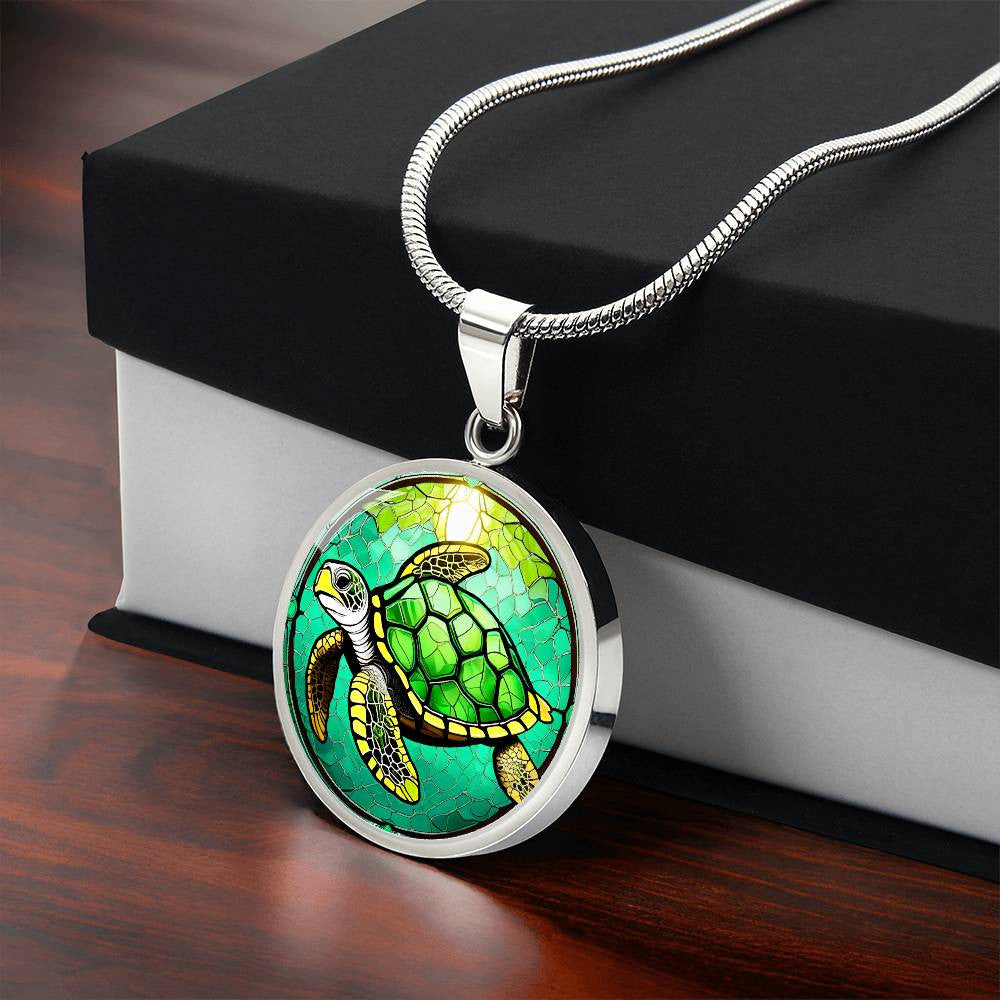 Sea Turtle Round Pendant Necklace in Gold or silver-[Heartfelt Family Gift]