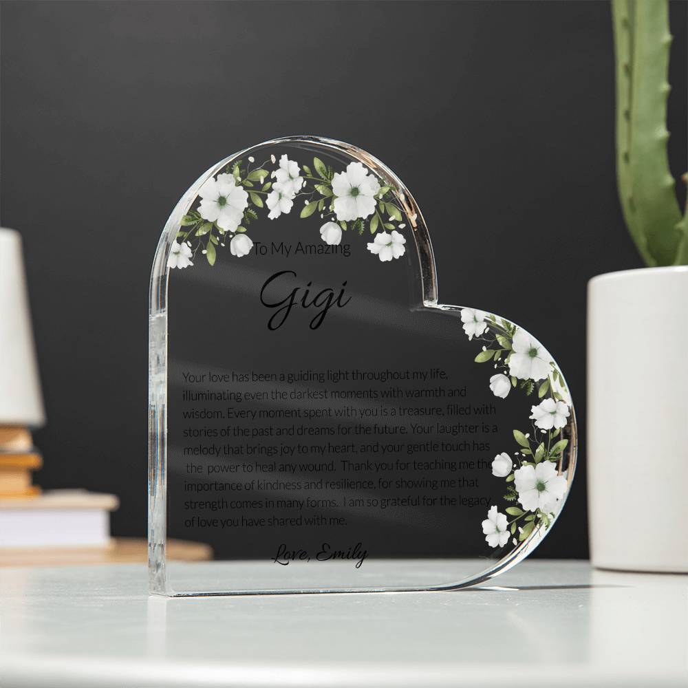 Gigi Acrylic Heart Plaque, Heart Plaque for Grandma, Personalized Grandma Gift, Sentimental Keepsake, Floral Acrylic Decor, Mother's Day Gift