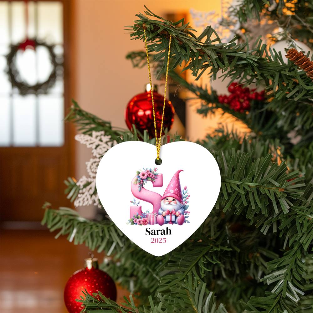 Personalized Heart Ornament, Pink Gnome Christmas Gift, Custom Holiday Decoration, Galentine's Heart Gift for Friend, Monogram, Initial