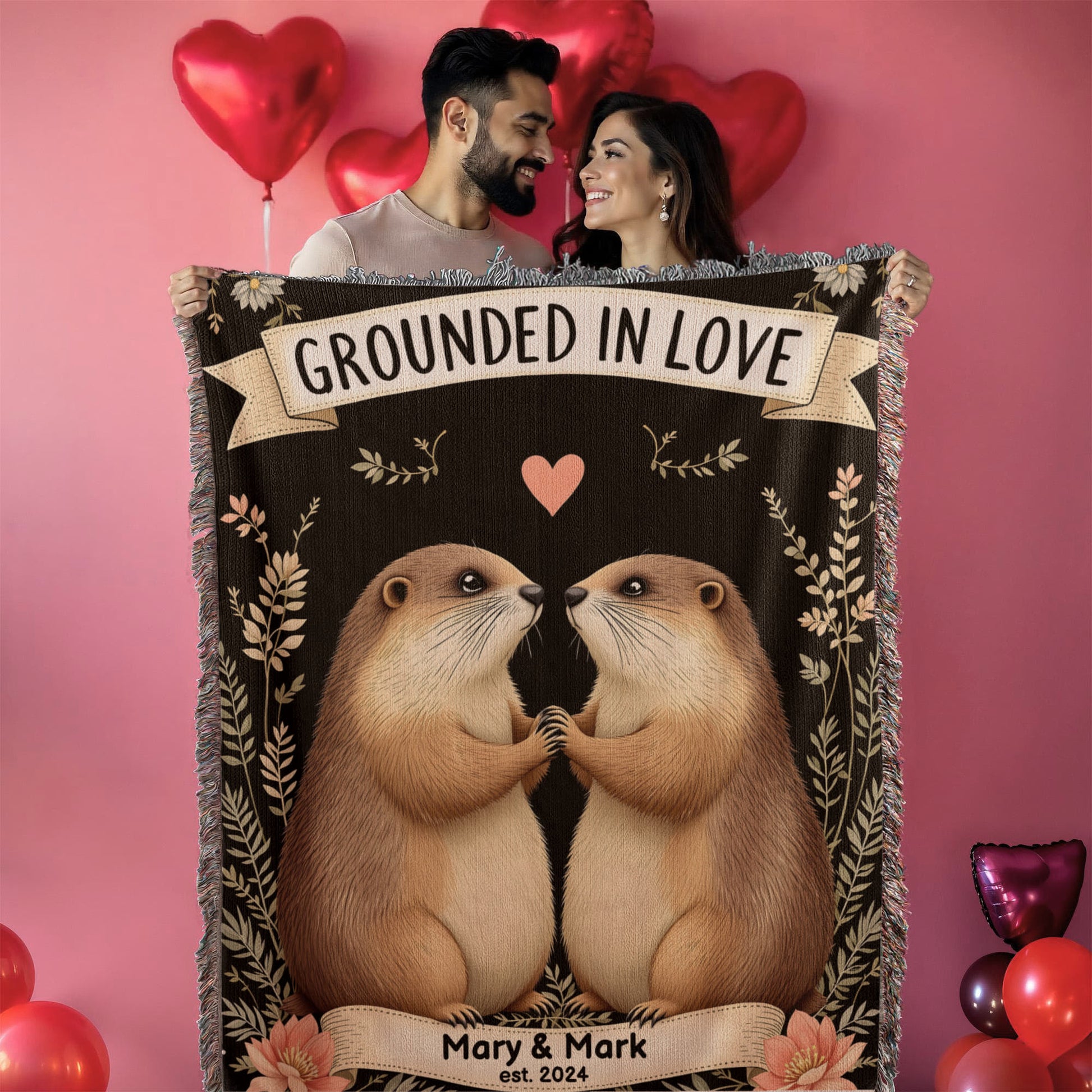 Groundhog Couple Woven Cotton Throw Blanket-[Heartfelt Family Gift]