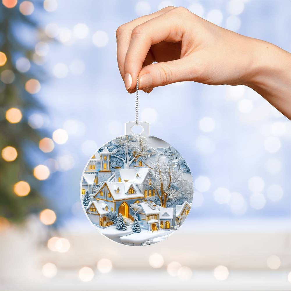 Blue Snow Covered Village Acrylic Christmas Ornament-[Heartfelt Family Gift]