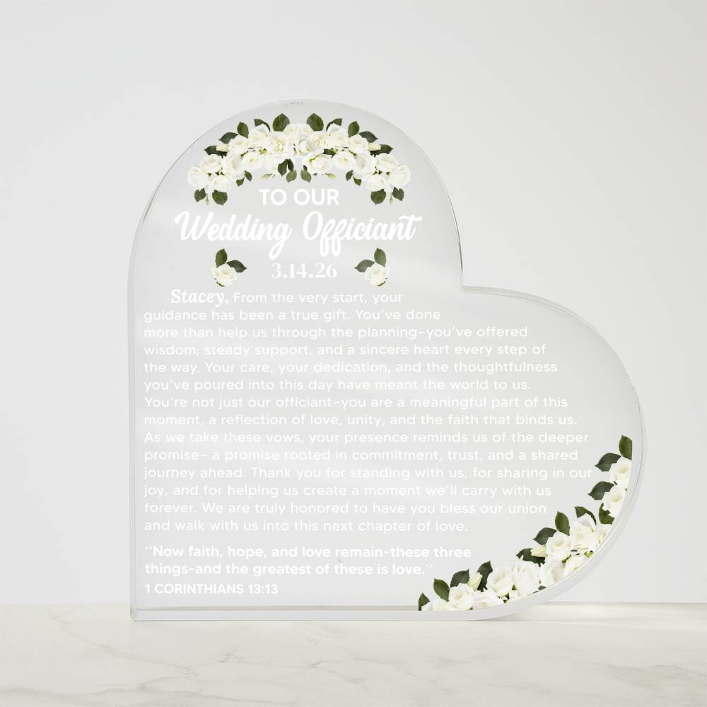 To Our Wedding Officiant Acrylic Heart Plaque