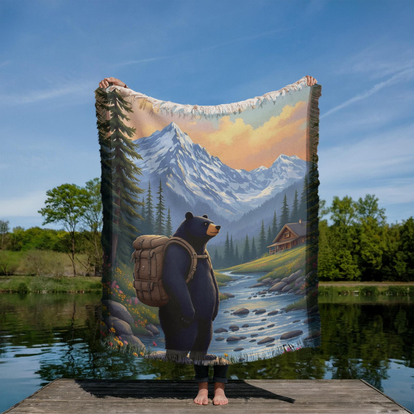 Camping Mountain Cabin Woven Throw Blanket