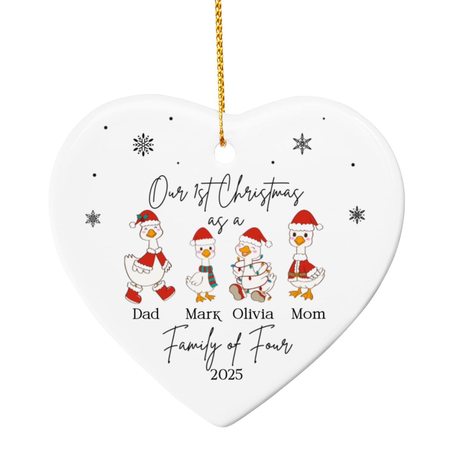 Family of Four Goose Ornament, Christmas Tree Decoration, Heart Ceramic Ornament, Personalized Family Keepsake, Holiday Home Decor