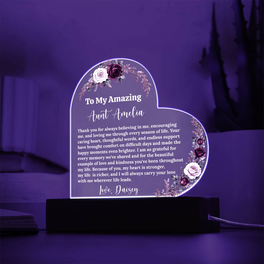 Aunt LED Light Acrylic Heart Plaque, Personalized Gift for Christmas, Birthday, Wedding