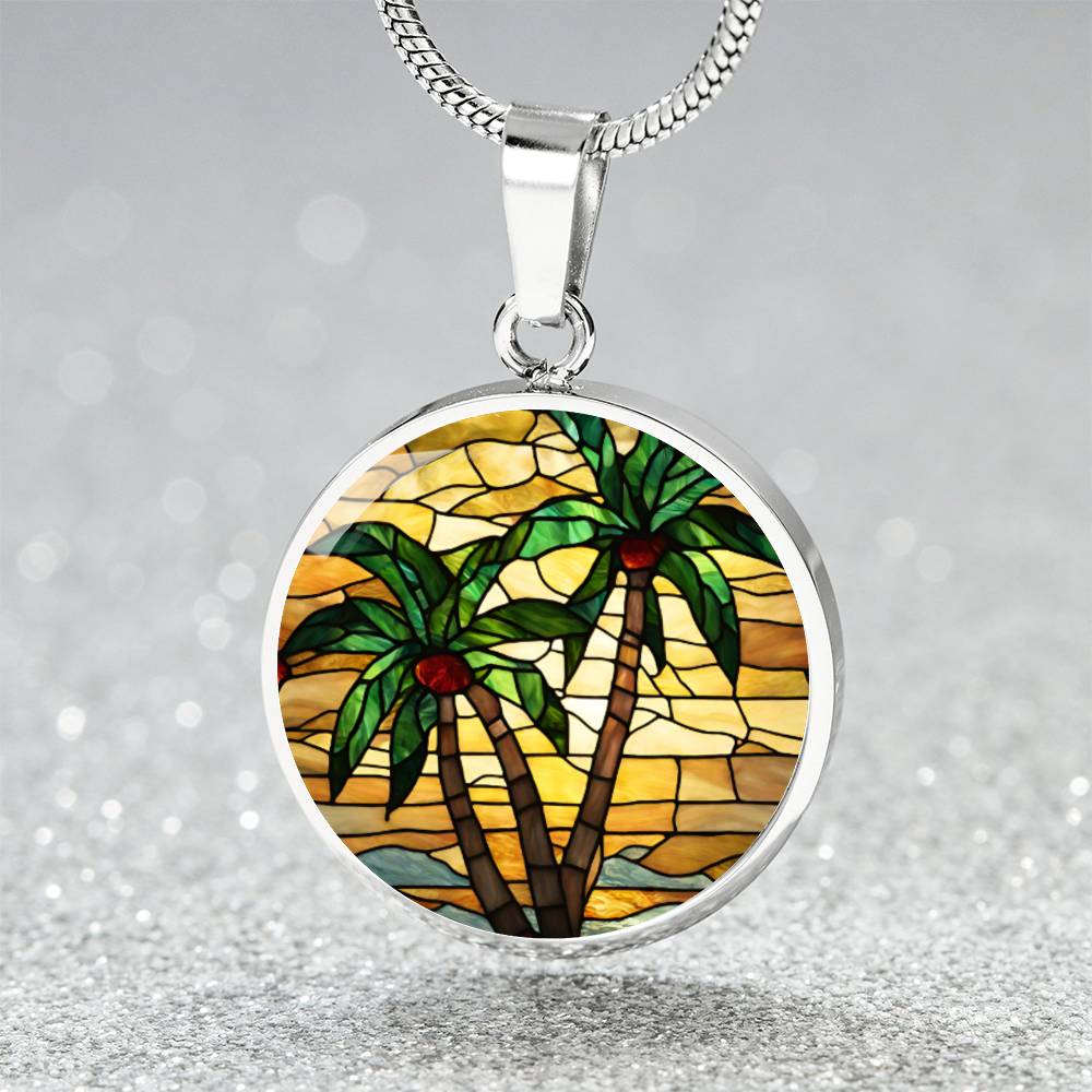 Palm Tree Stained Glass Style Pendant Necklace