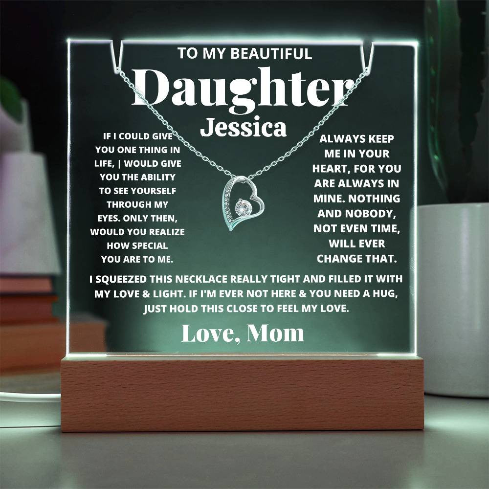 Daughter from Mom LED Acrylic Heart Necklace & Plaque Gift-[Heartfelt Family Gift]