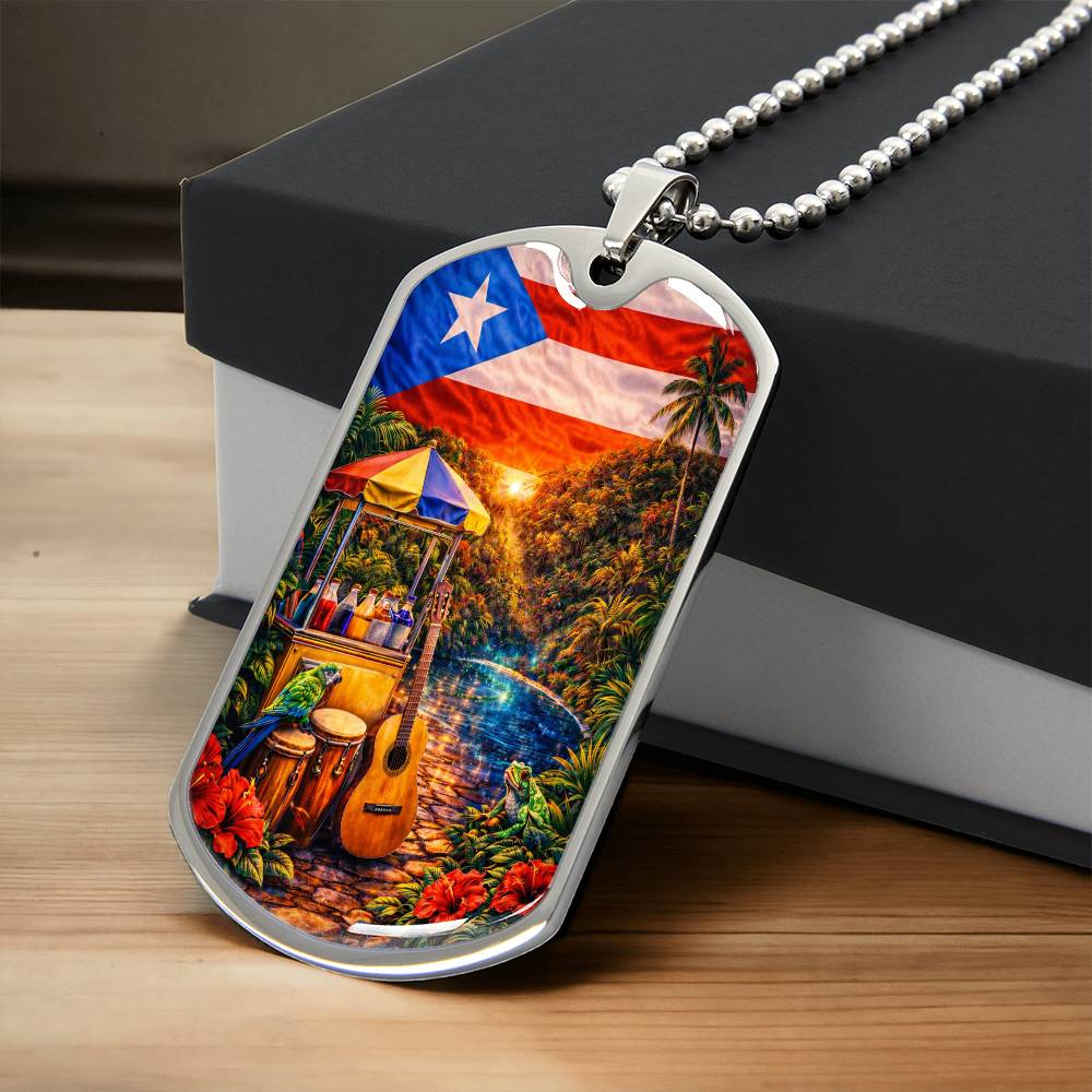 Engraved Puerto Rico Flag Latin American Culture Dog Tag Necklace or Keychain