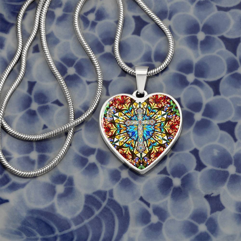 Cross Faux Stain Glass Pendant Necklace