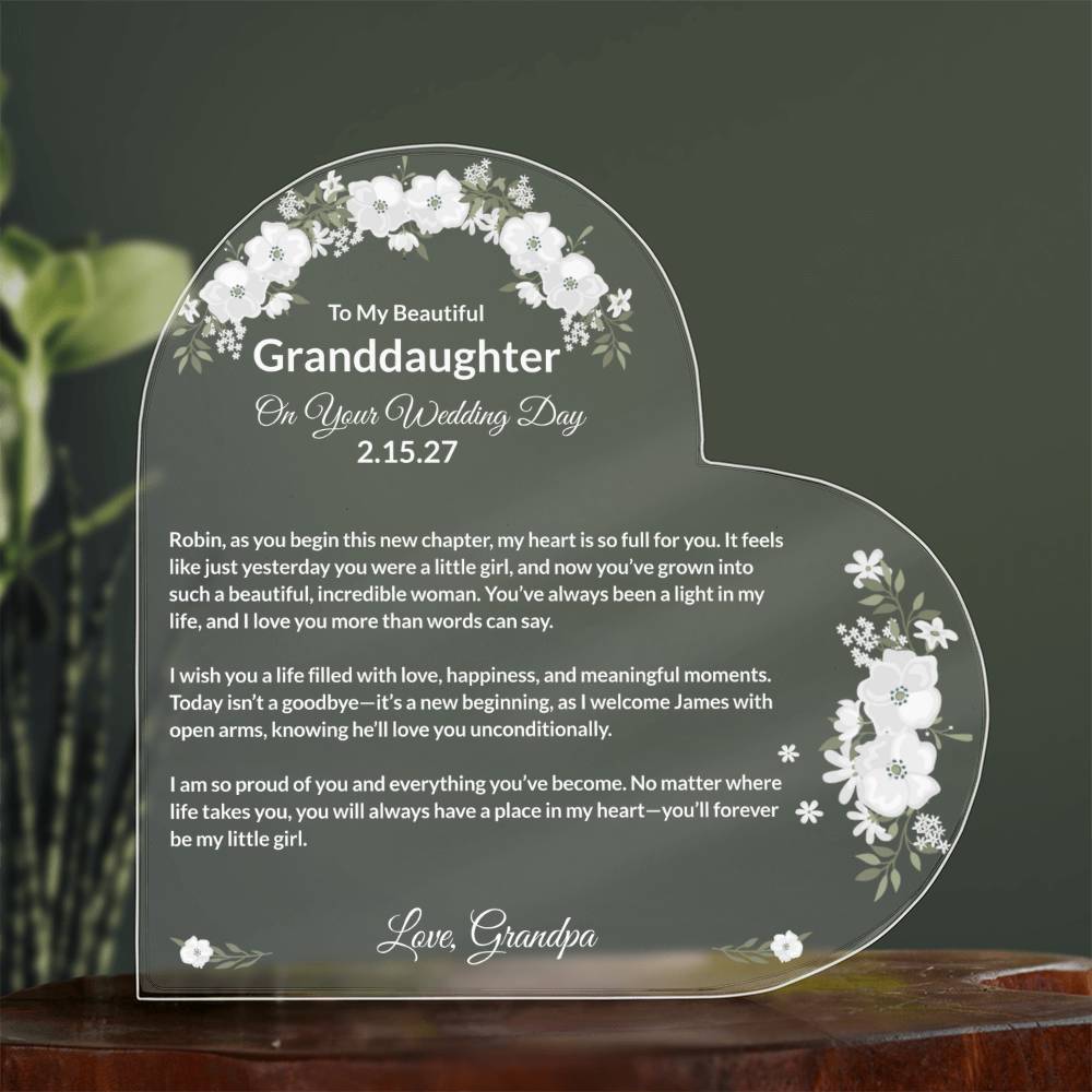 To My Granddaughter On Your Wedding Day Acrylic Heart Block