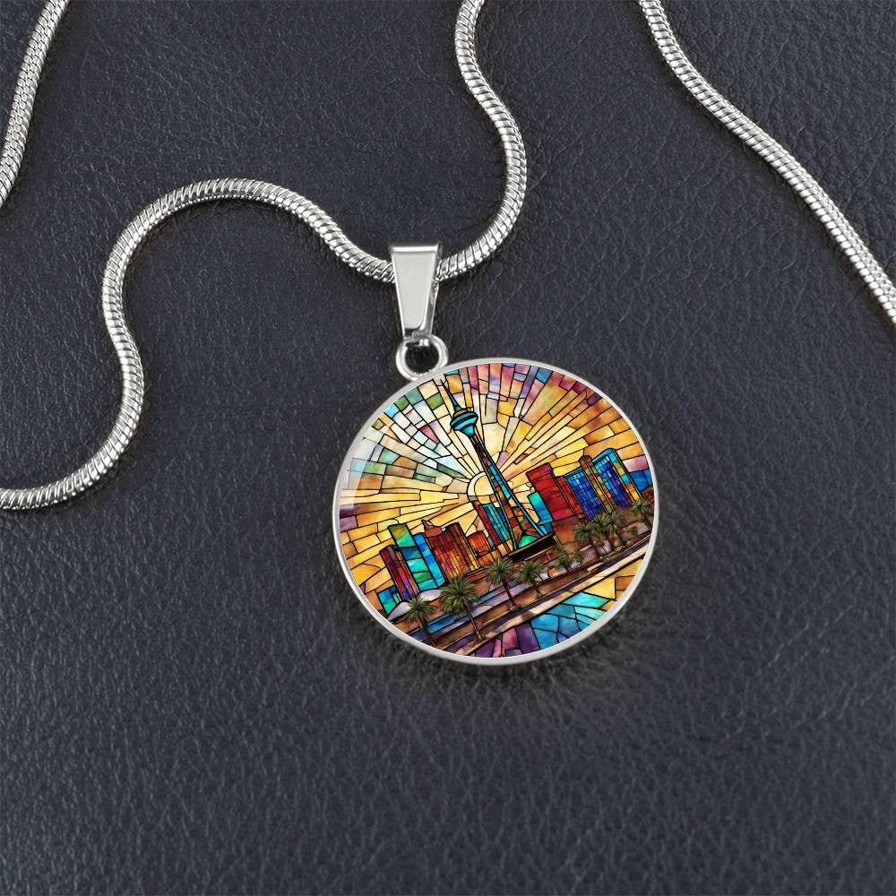 Las Vegas Skylight Stained Glass Look Round Pendant Necklace in Gold or silver-[Heartfelt Family Gift]