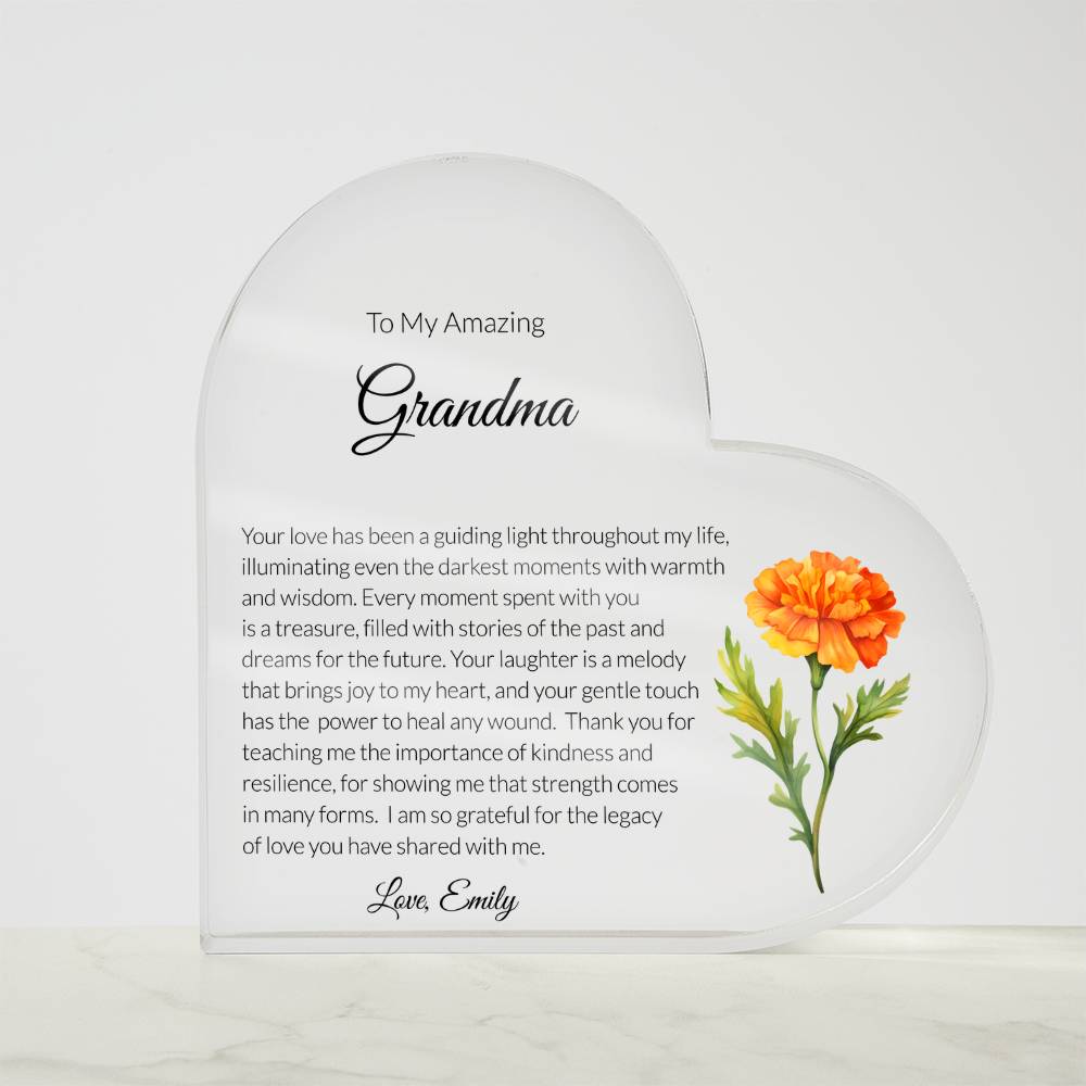 Grandma Acrylic Heart Plaque with personalized birth flower