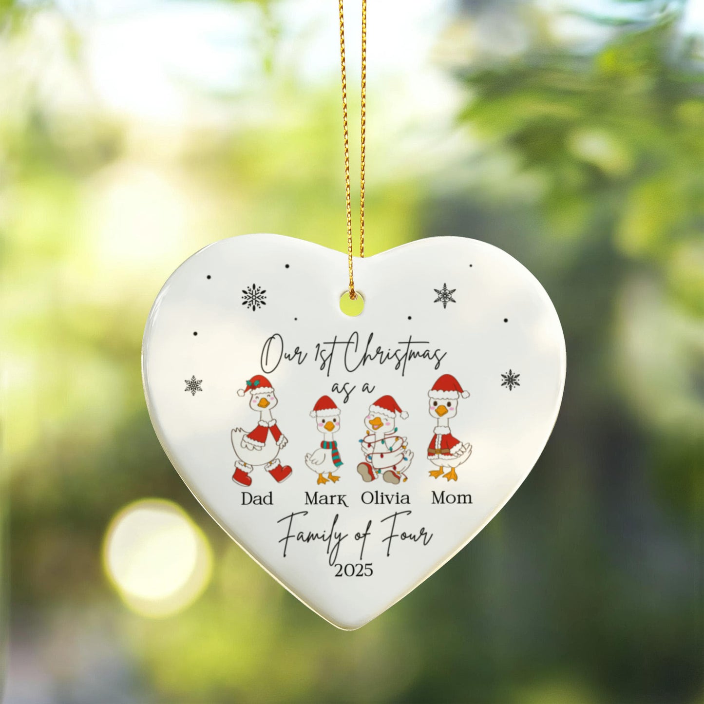 Family of Four Goose Ornament, Christmas Tree Decoration, Heart Ceramic Ornament, Personalized Family Keepsake, Holiday Home Decor