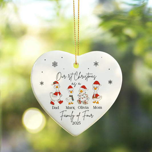 Family of Four Goose Ornament, Christmas Tree Decoration, Heart Ceramic Ornament, Personalized Family Keepsake, Holiday Home Decor