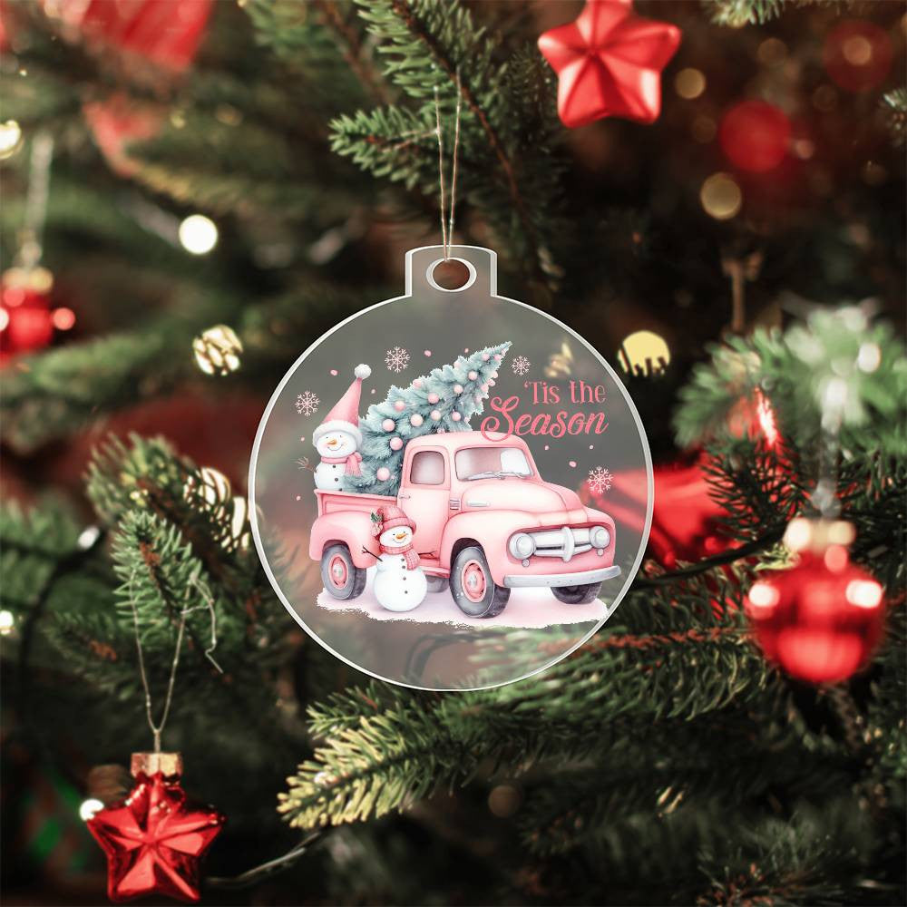 Pink Xmas Tree Pickup Truck Tis the Season Acrylic Christmas Ornament-[Heartfelt Family Gift]