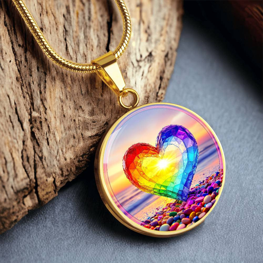 Rainbow Beach Glass Heart Pendant Necklace with Engraving-[Heartfelt Family Gift]