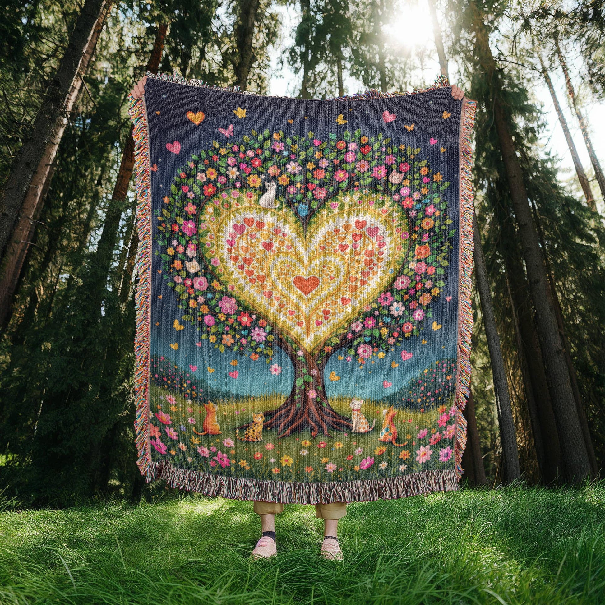 Cat Tree of Life Woven Cotton Throw Blanket-[Heartfelt Family Gift]