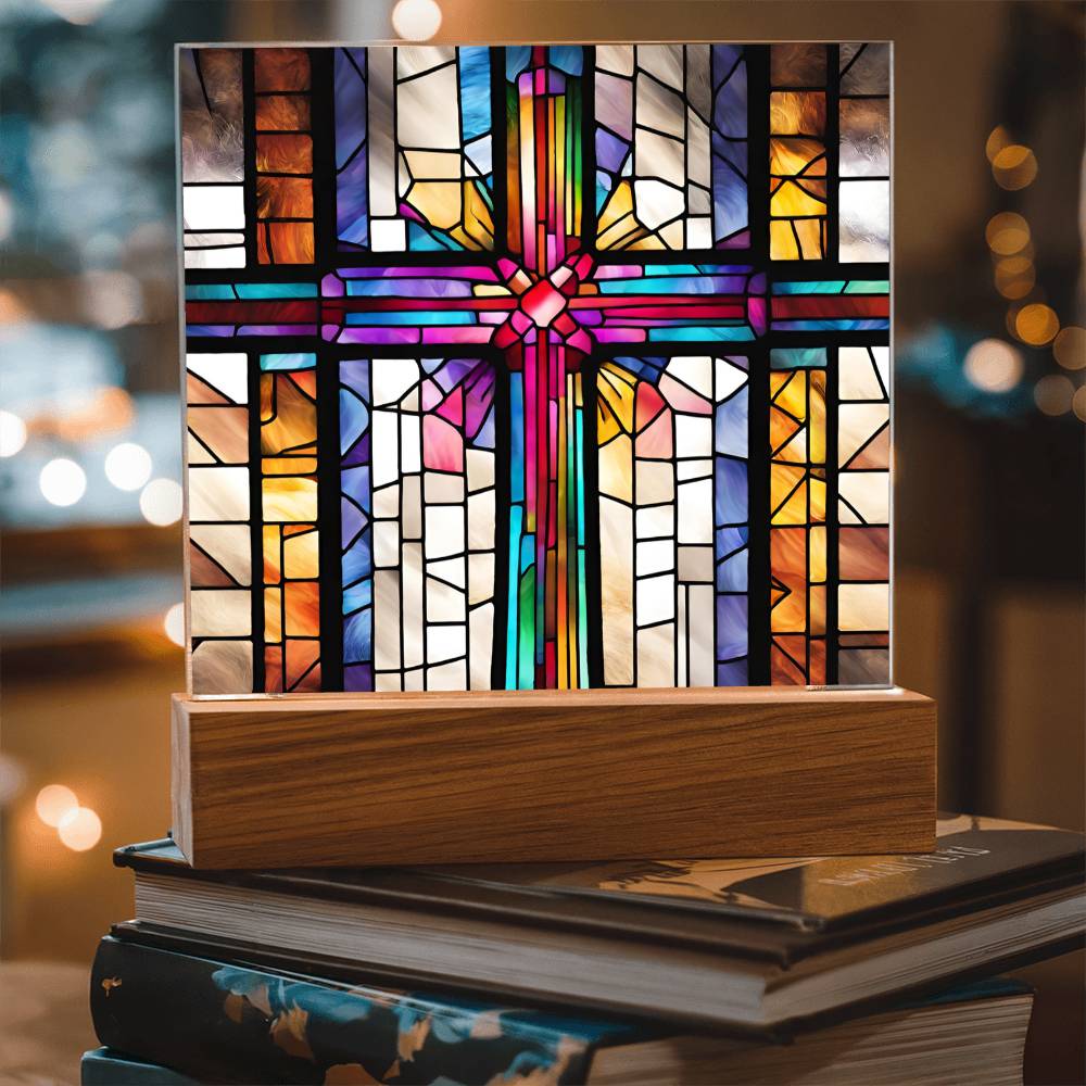 LED Acrylic Cross - Baptism Easter and Confirmation Gift - Faux Stained Glass Decor