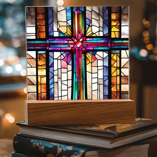 LED Acrylic Cross - Baptism Easter and Confirmation Gift - Faux Stained Glass Decor