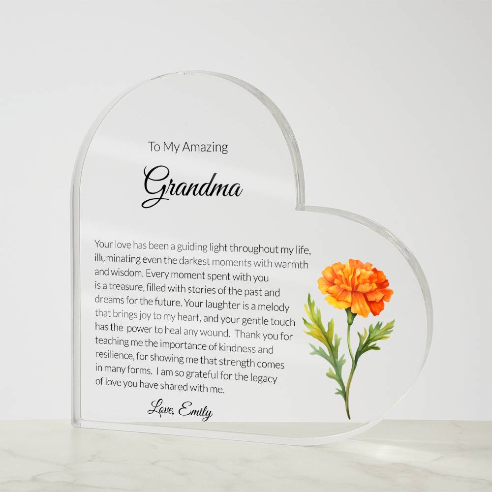Grandma Acrylic Heart Plaque with personalized birth flower