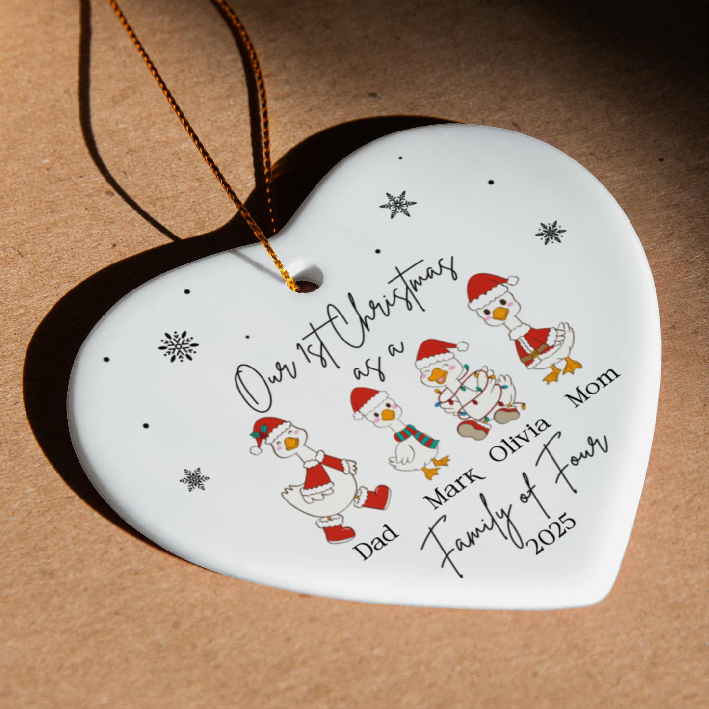 Family of Four Goose Ornament, Christmas Tree Decoration, Heart Ceramic Ornament, Personalized Family Keepsake, Holiday Home Decor